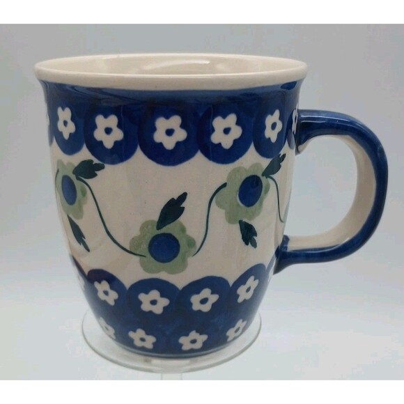 Polish Boleslawiec Green Blue Floral Mug Hand Painted 3.75” Tall - Picture 1 of 8